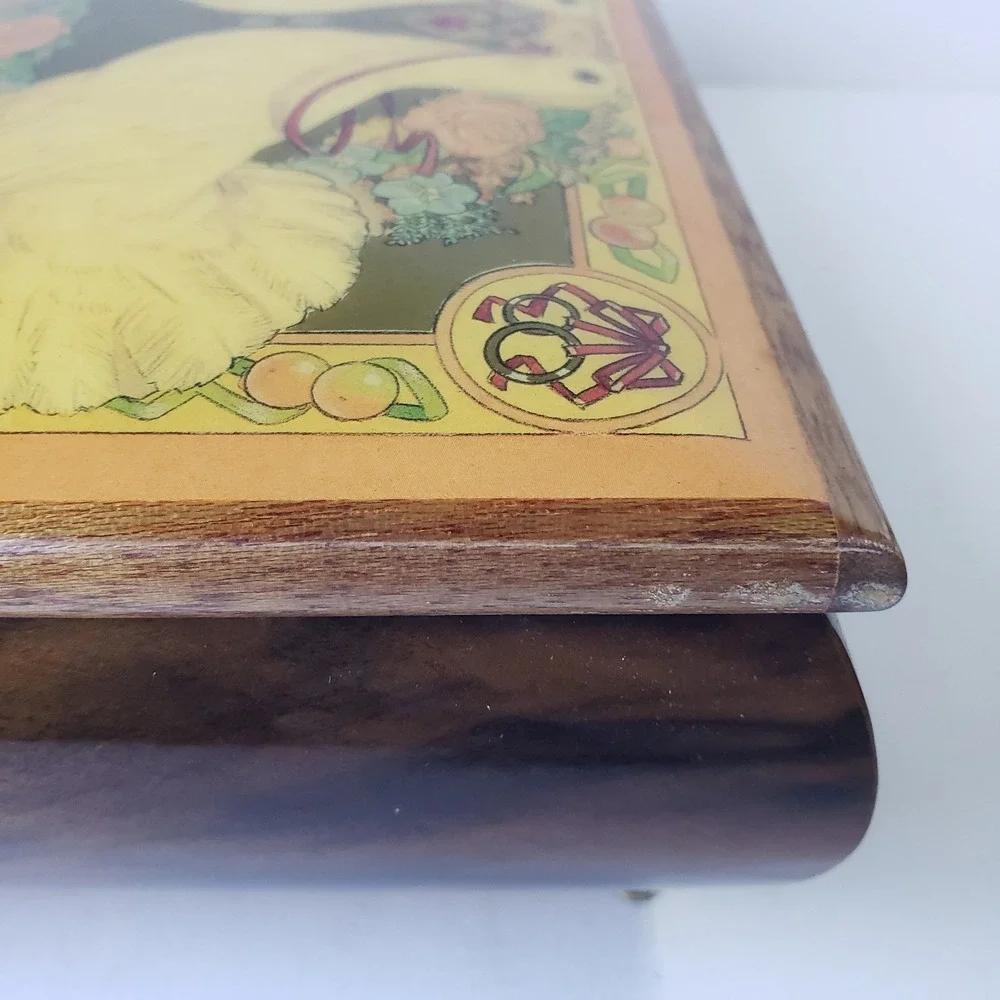 Vintage Reuge Swiss Musical Movement Lefton Jewelry Box Glossy Wood with Doves